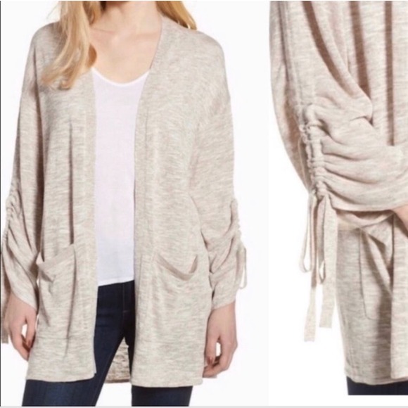 Trouve Linen Blend Open Front Tie Sleeve Cardigan in Tan Size Large - Picture 1 of 10